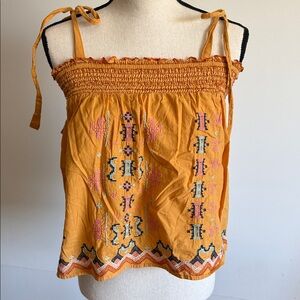 Rachel Zoe Mustard Embroidered Tie-Shoulder Smocked Camisole
